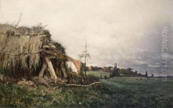 Landscape With Barn And Cows In The Distance Oil Painting by Joseph Theodore Coosemans