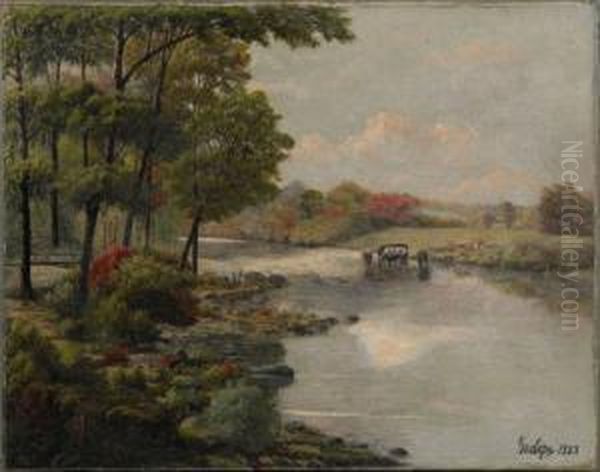 Landscape With Cows In A River Oil Painting by George Cope