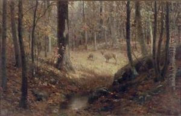 Doe And Fawn Oil Painting by Charles George Copeland