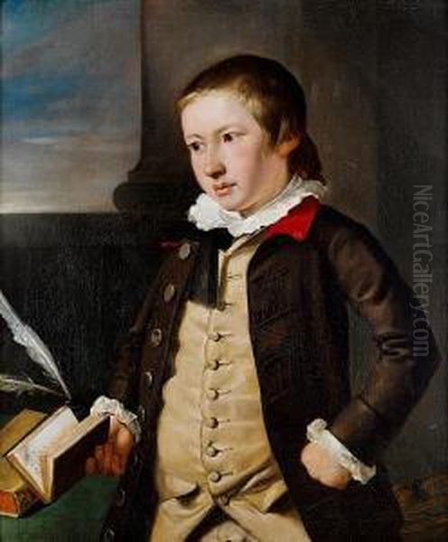 Portrait Of A Boy, Said To Be 
Master Pelham,three-quarter-length, In A Brown Coat And Buff Waistcoat, 
Holding Abook Beside A Writing Desk Oil Painting by John Singleton Copley