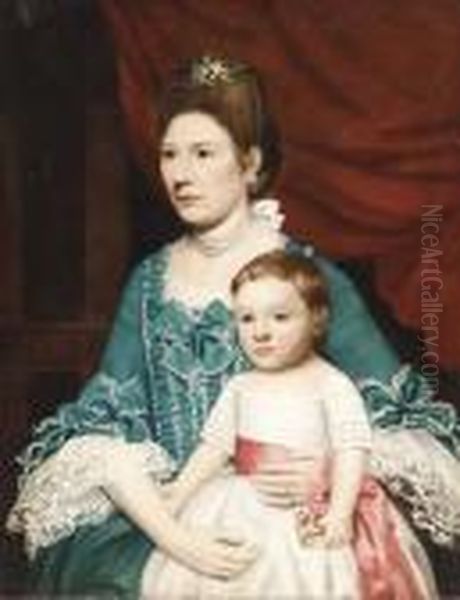 Portrait Of A Lady, Seated In A Blue Silk Dress With Ribbons Andher Child In White Oil Painting by John Singleton Copley