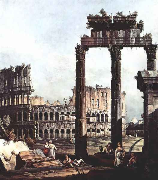 Capriccio Romano, Colosseum ruins and Vespasian Temple Oil Painting by (Giovanni Antonio Canal) Canaletto