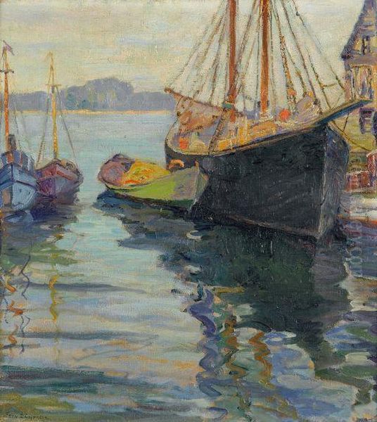 Fishing Boats In A Harbor Oil Painting by Fern Isabel Coppedge