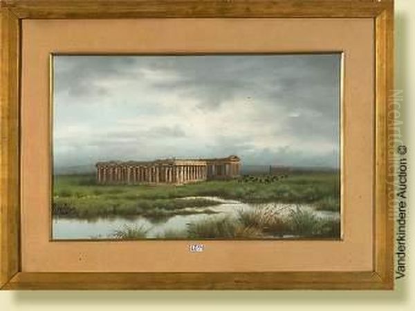 Ruinesdes Temples De Paestum, 
Gouache Sur Papier. Signee En Bas A Gauchea. Coppola. Ecole Italienne. 
Dim.: 39x61 Cm Oil Painting by Antonio Coppola