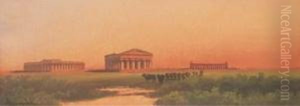 Un Coucher De Soleil A Paestum Avec Un Troupeau Au Premierplan Oil Painting by Antonio Coppola