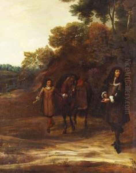 Zugeschrieben - Kavalier Mit Pferd Und Page Am Waldrand Oil Painting by Gonzales Cocques