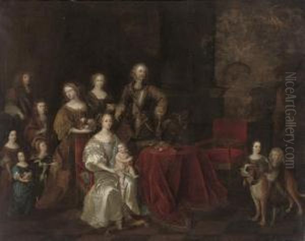 Portrait Of A Family, Full-length, Around A Table, In An Interior, A Landscape Beyond Oil Painting by Gonzales Cocques