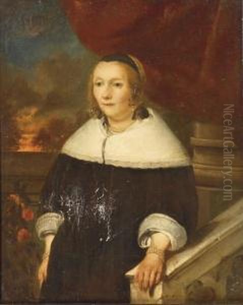 Portrait Of A Lady, 
Three-quarter-length, In A Black Dress With White Cuffs And Collar 
Standing On A Balcony, A Landscape Beyond Oil Painting by Gonzales Cocques