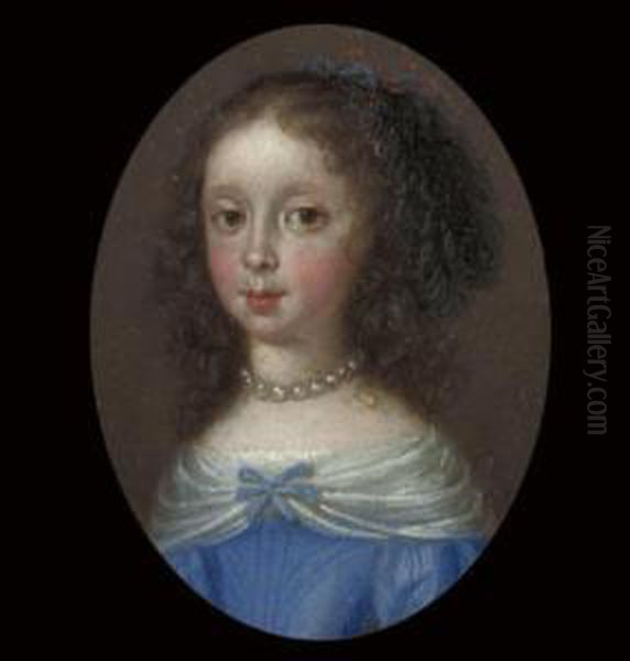 A Young Girl, In Blue Dress With
 White Collar, Pearl Choker And Earrings, Red And Blue Ribbons In Her 
Curling Hair Oil Painting by Gonzales Cocques