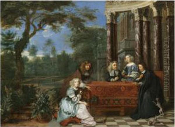 A Family Seated At A Table In An Elegant Garden Exterior Oil Painting by Gonzales Cocques