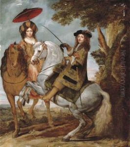 An Equestrian Portrait Of An 
Elegant Gentleman And Lady In A Wooded Landscape, A Village Beyond Oil Painting by Gonzales Cocques