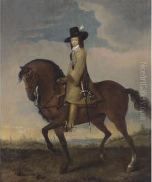 Equestrian Portrait Of A Gentleman In A Landscape, A City Beyond Oil Painting by Gonzales Cocques