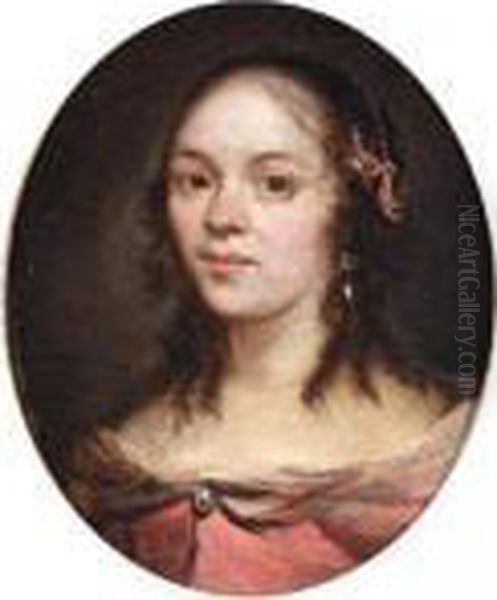 Portrait Of A Lady, Head And Shoulders, Wearing A Pink Dress Oil Painting by Gonzales Cocques