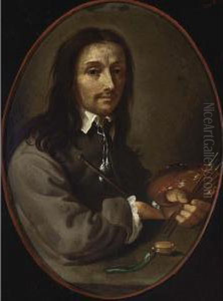 A Portrait Of A Painter, Seated 
Half Length Near A Stone Table, Holding Brushes And A Palette, With A 
Watch In Front Oil Painting by Gonzales Cocques