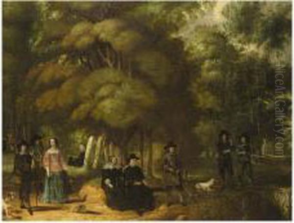 A Hunting Party In A Forest Oil Painting by Gonzales Cocques