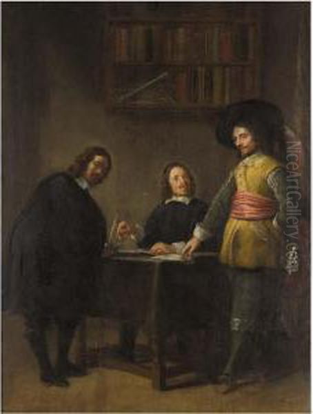 Interior With Three Men Conversing At A Table Oil Painting by Gonzales Cocques