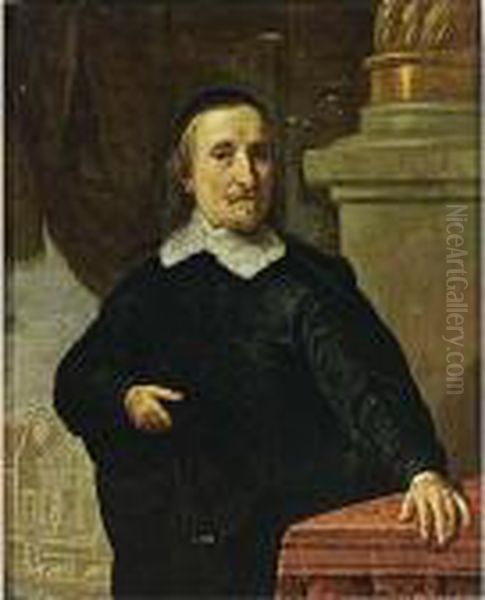 A Portrait Of A Gentleman, 
Standing Half-length, Wearing A Black Coat With A White Lace Collar, 
Leaning With His Hand On A Table Draped With A Tapestry Oil Painting by Gonzales Cocques