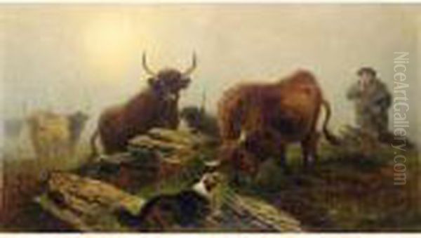 Cattle, Highlander And Dogs In A Landscape Oil Painting by Aster R.C. Corbould