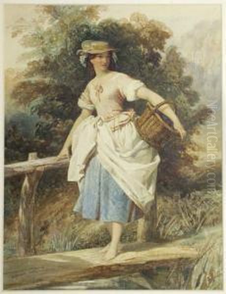 Country Girl On A Wooden 
Footbridge Crossing A Stream Signed, Also Dated 