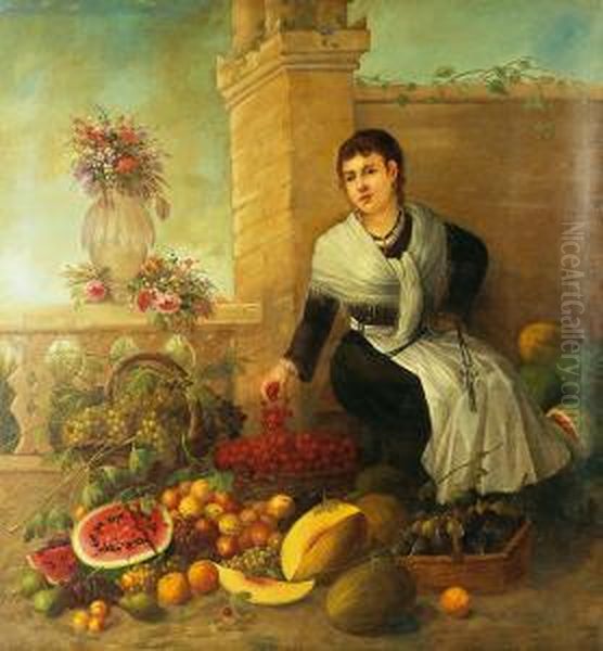 Bodegon Con Vendedora De Frutas Oil Painting by Jose Maria Corchon