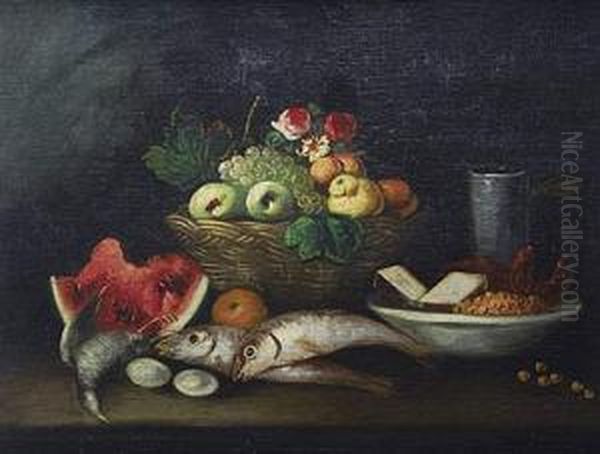 Bodegon Con Frutas, Peces, Ave, Flores Y Otros Objetos Oil Painting by Jose Maria Corchon