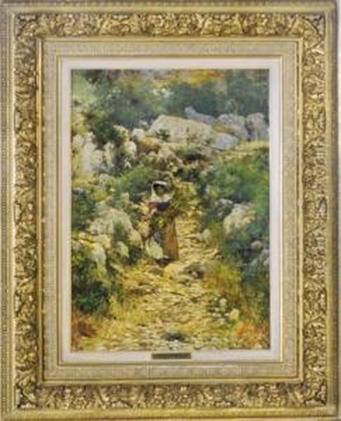 A Peasant Girl On A Rocky Path Oil Painting by Augusto Corelli