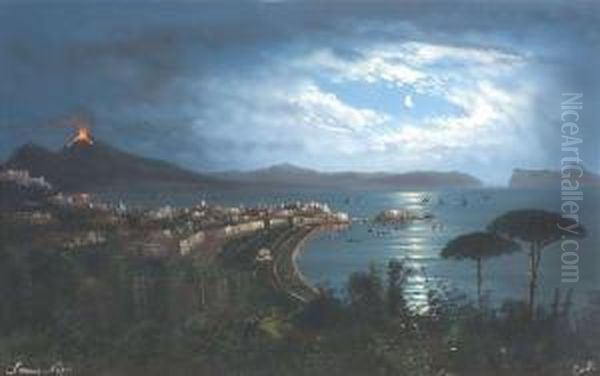 The Bay Of Naples At Moonlight Oil Painting by Augusto Corelli