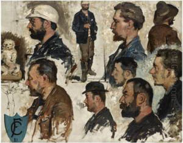 Study Of Male Heads Oil Painting by Fernand-Anne Piestre Cormon