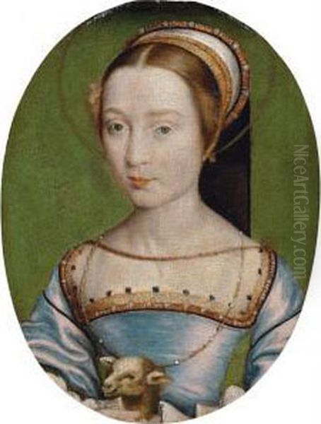 Portrait Of A Lady, Bust-length, In A Blue Silk Dress Oil Painting by Corneille De Lyon