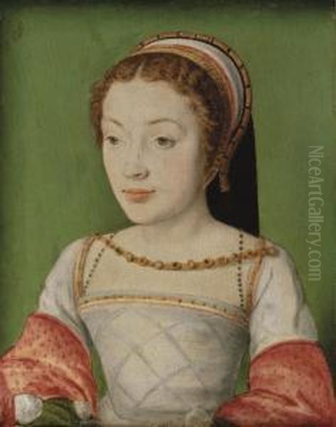 Portrait Of Renee De France 
(1510-1574), Bust-length, In A White Dress With Red Sleeves, With A 
Jewelled Necklace And A Head-dress Oil Painting by Corneille De Lyon