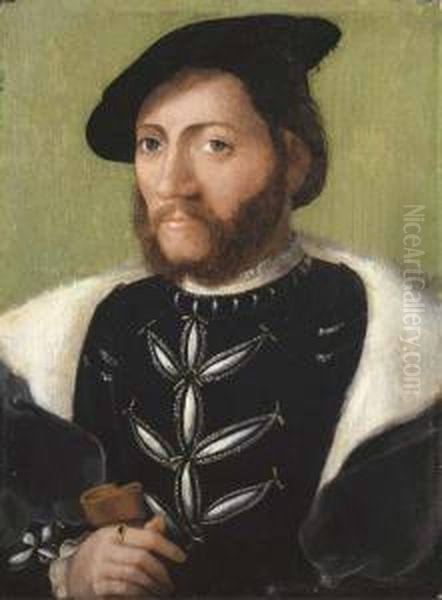 Portrait Of A Bearded Gentleman,
 Half-length, In A Black Velvet Doublet With A Fur-lined Cloak And Black
 Cap, Holding A Glove In His Right Hand Oil Painting by Corneille De Lyon