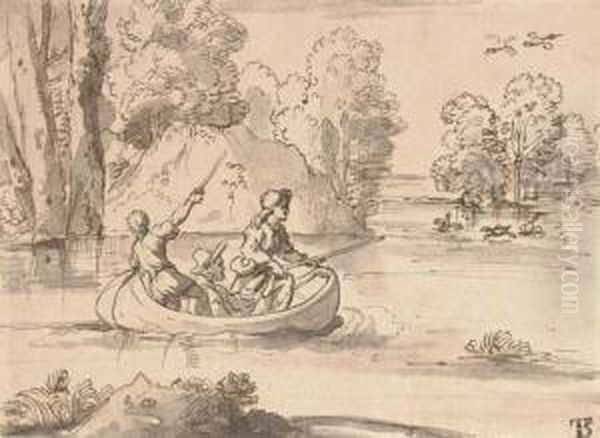 Three Men Shooting Duck From A Boat Oil Painting by Michel Corneille II