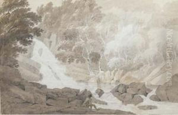 A Traveller Seated By A Waterfall, Possibly Henrhyd Falls,brecknockshire Oil Painting by Hubert Cornish