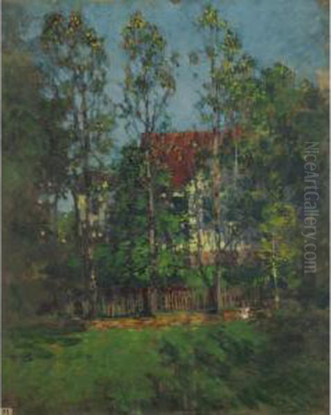 A Red Roof In The Trees Oil Painting by Paul Cornoyer