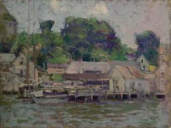 Grey Houses By The Dock Oil Painting by Paul Cornoyer