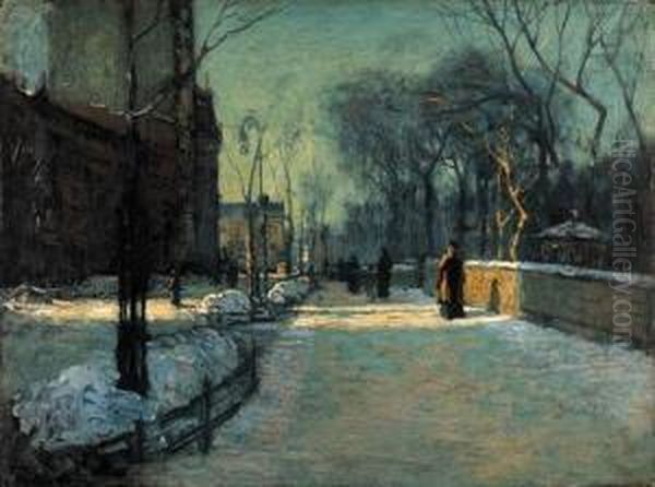 Winter Twilight Along Central Park Oil Painting by Paul Cornoyer