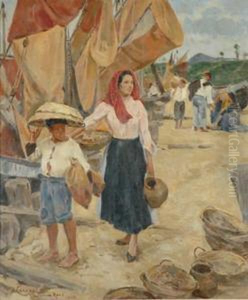 Woman And Boy By Thefishing Boats Oil Painting by Umberto Coromaldi