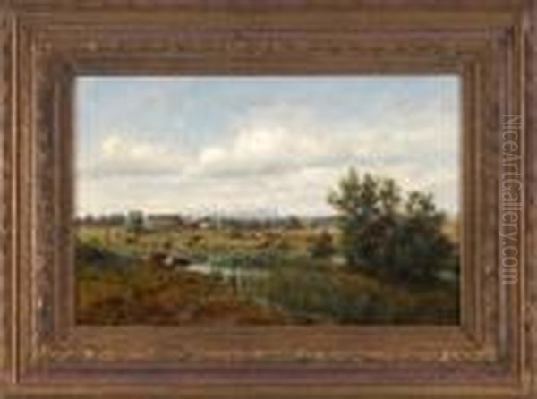 Kuhe Auf Der Weide Vor Einem 
Dorf Im Sommerlichen Dachauer Moos Mit Der Zugspitze Im Hintergrund Oil Painting by Ludwig Correggio