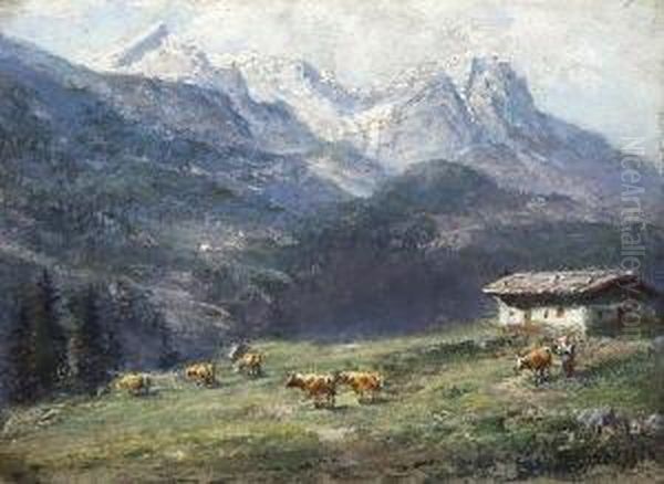 Sennerin Mit Kuhherde Auf Der
 Alm. Oil Painting by Ludwig Correggio