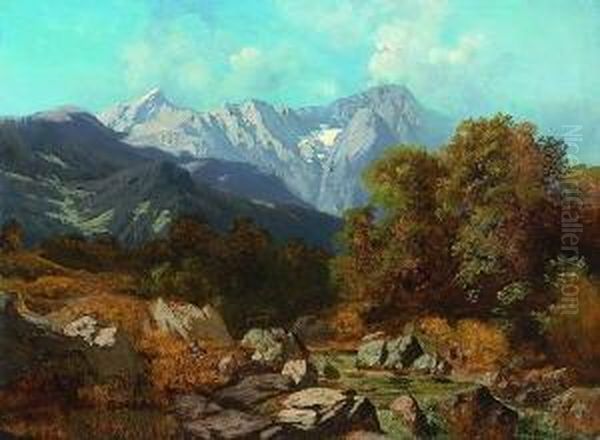 Blick Auf Das Wettersteingebirge
 Mit Der Zugspitze. Oil Painting by Ludwig Correggio