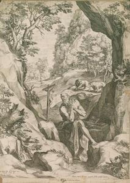 St Jerome Penitent In The Wilderness (bartsch 116) Oil Painting by Cornelis Cort