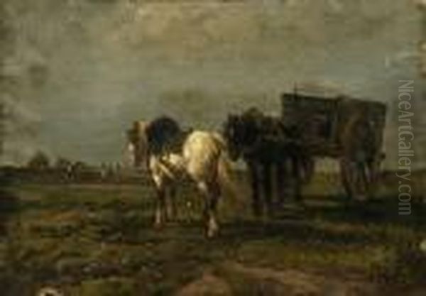 Cart Horses In Field Oil Painting by Antonio Cordero Cortes