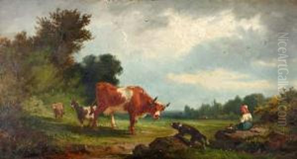 Bergweide Met Herderin En Vee Bij Drinkbak Oil Painting by Antonio Cordero Cortes