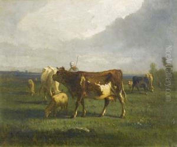 Hirte Mit Kuhen Und Schafen Auf Ebener Weide. Oil Painting by Antonio Cordero Cortes