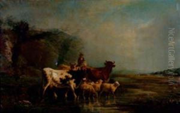 Vaches Et Moutons S'abreuvant Oil Painting by Antonio Cordero Cortes