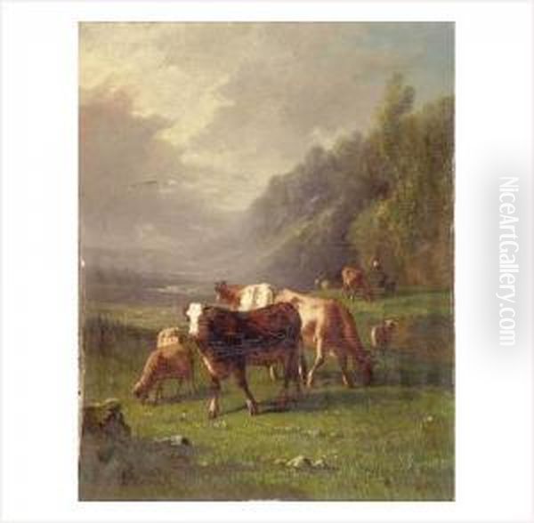 Vaches Et Moutons Au Paturage Oil Painting by Antonio Cordero Cortes