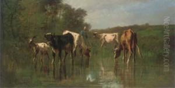 Livestock Watering Before Woodland Oil Painting by Antonio Cordero Cortes