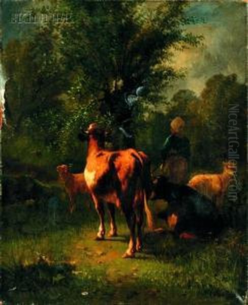 Shepherdess With Cattle And Sheep Oil Painting by Andres Cortes Yaguilar