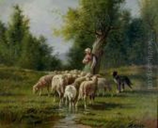 Shepherdess And Her Flock In The Clearing Oil Painting by Andres Cortes Yaguilar