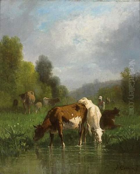 Vaches S'abreuvant Oil Painting by Andres Cortes Yaguilar